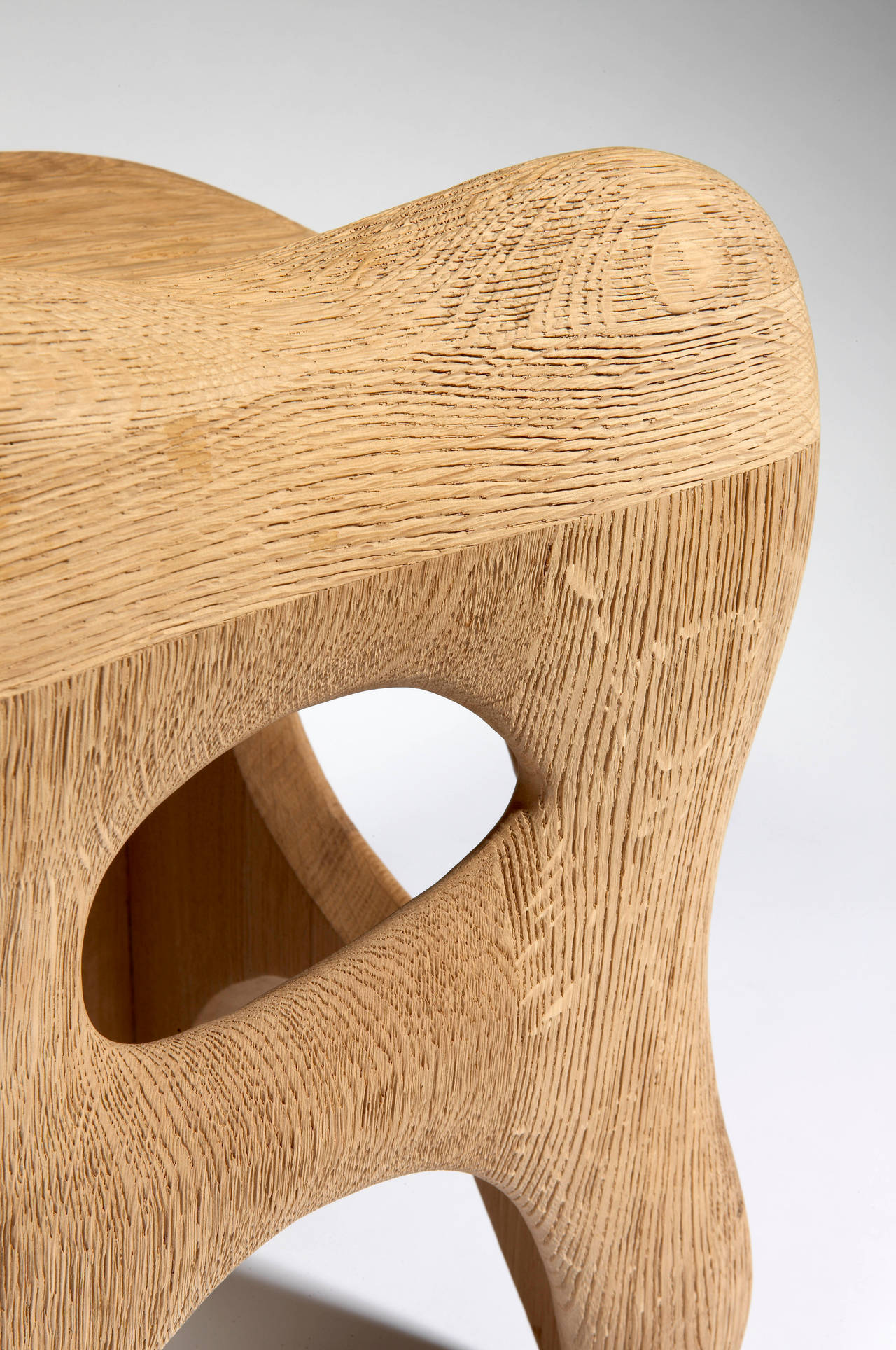French Osselet Stool. Sanded and blackened solid oak. Jacques Jarrige,
