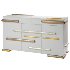 Gold Iliade Sideboard. Pearly enameled wood. Sanded oak Mattia Bonetti.