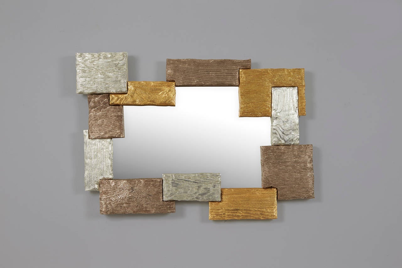 French MUR.  Mirror. Scarified oak and elmwood. Gold leaves. Mattia Bonetti For Sale