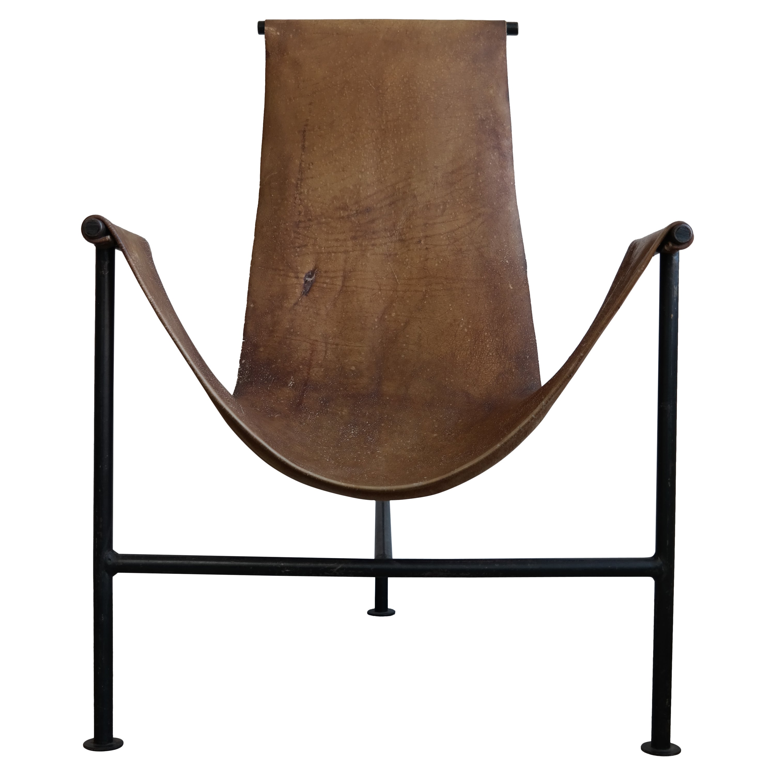 Worn Leather and Iron Sling Chair For Sale