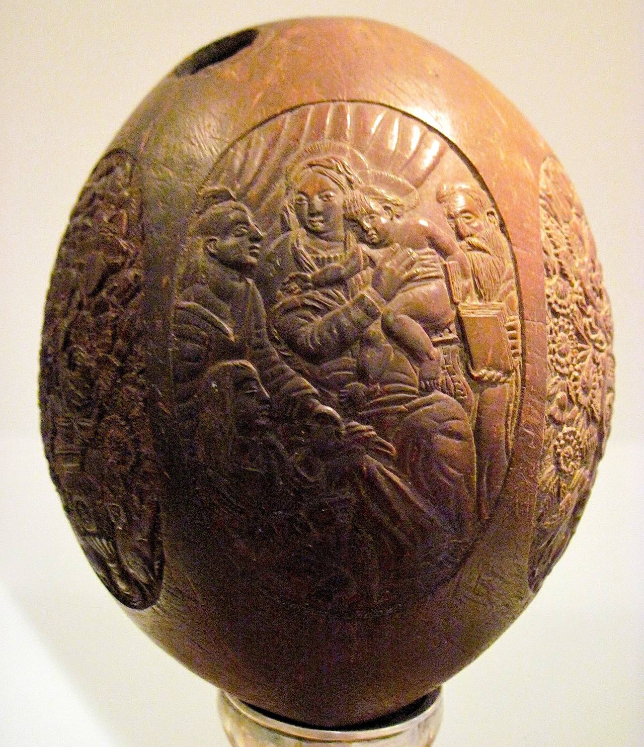 Rare Indo-Portuguese Carved Iconographic Coconut For Sale 1
