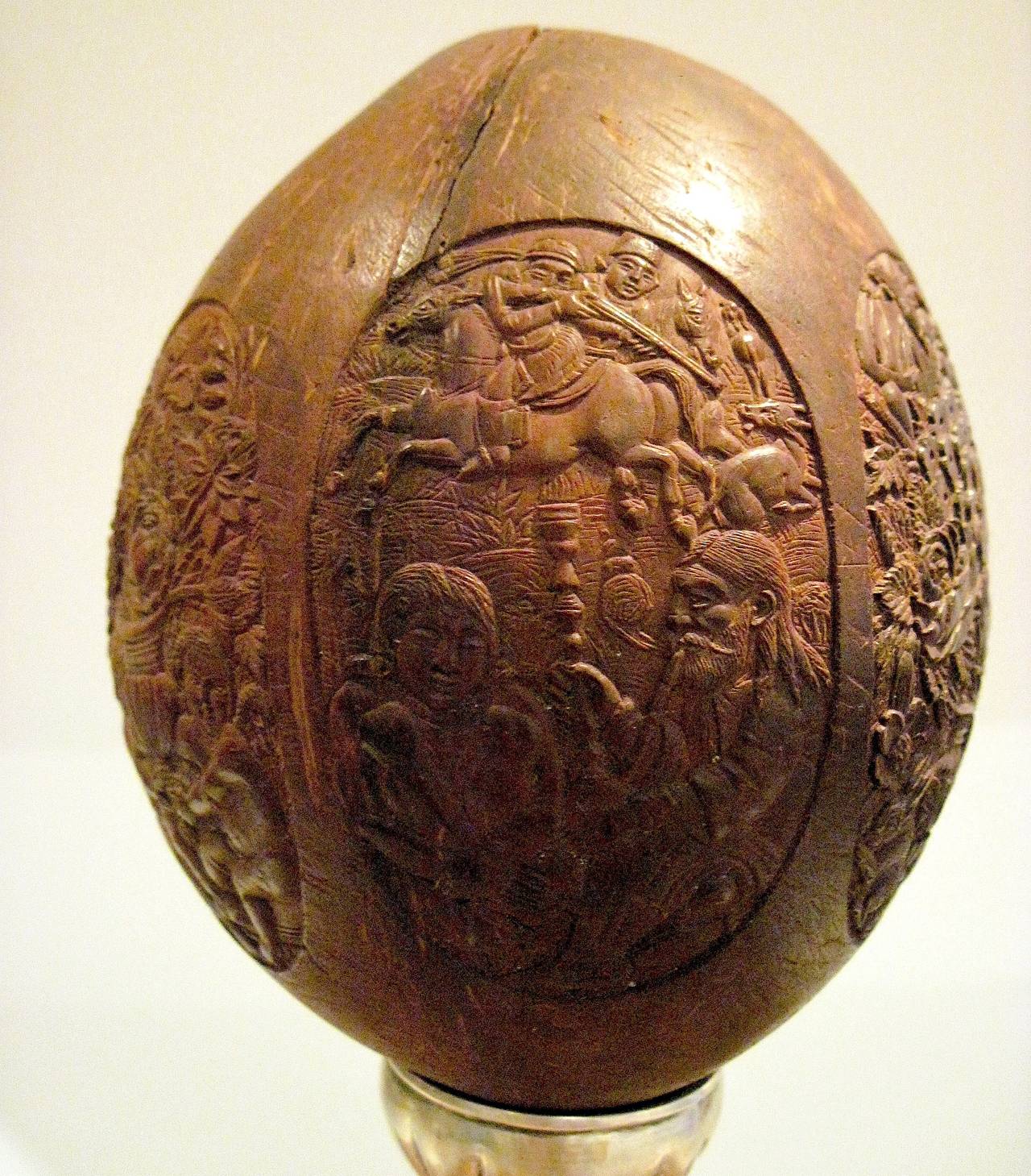 18th Century Rare Indo-Portuguese Carved Iconographic Coconut For Sale