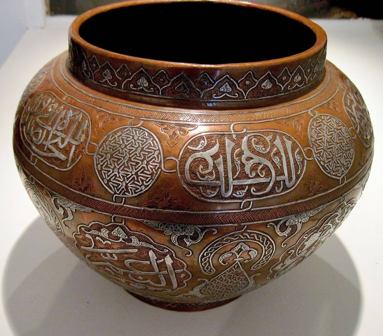 Large, impressive and highly decorative example of what is often called 'Cairoware', although most likely made in Syria, as most of these pieces were, in the 19th C. This was a time when the high level metal artistry and craftsmanship from the
