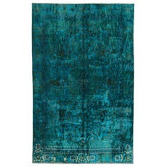 Silk and Cotton Indian Rug in Teal Blue Color 12