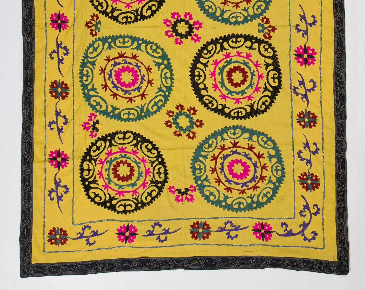 Vintage Yellow Suzani Embroidery Wall Hanging or Bed Cover For Sale at 1stdibs