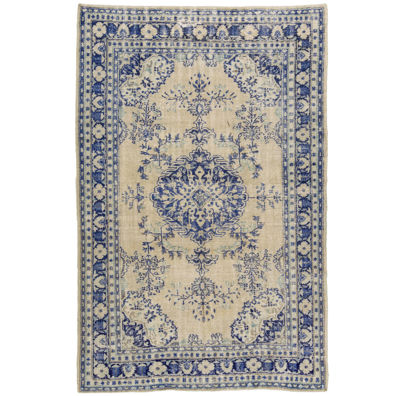 Vintage Beige and Blue Oushak Rug at 1stDibs
