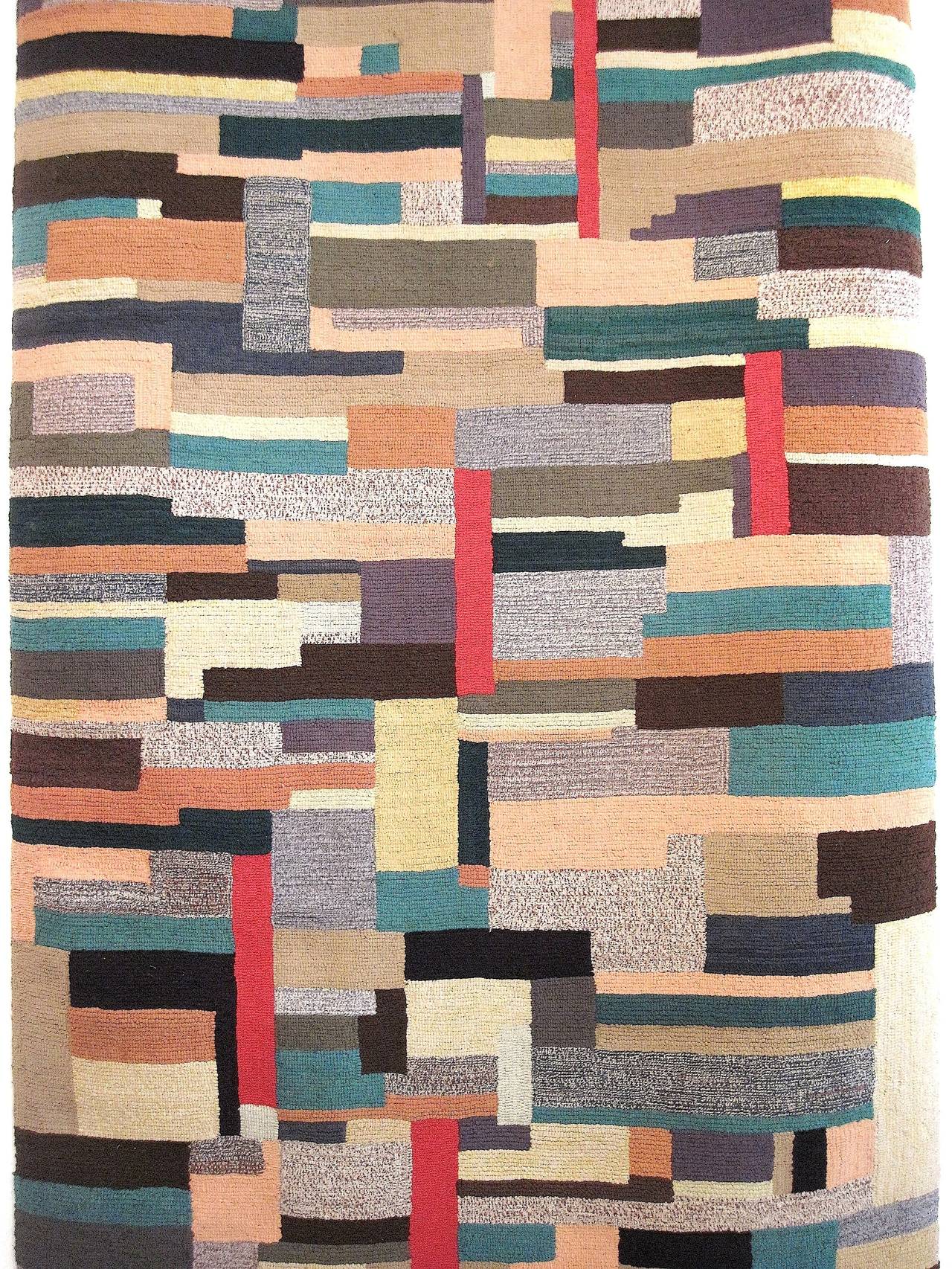 Truly beautiful and unique hand-hooked American rug in a runner format, with both colors and graphics that contribute to its strong Mid-Century Modern look and appeal. Unusual for hooked rugs, this piece is signed 'JS 1973' and in close to perfect