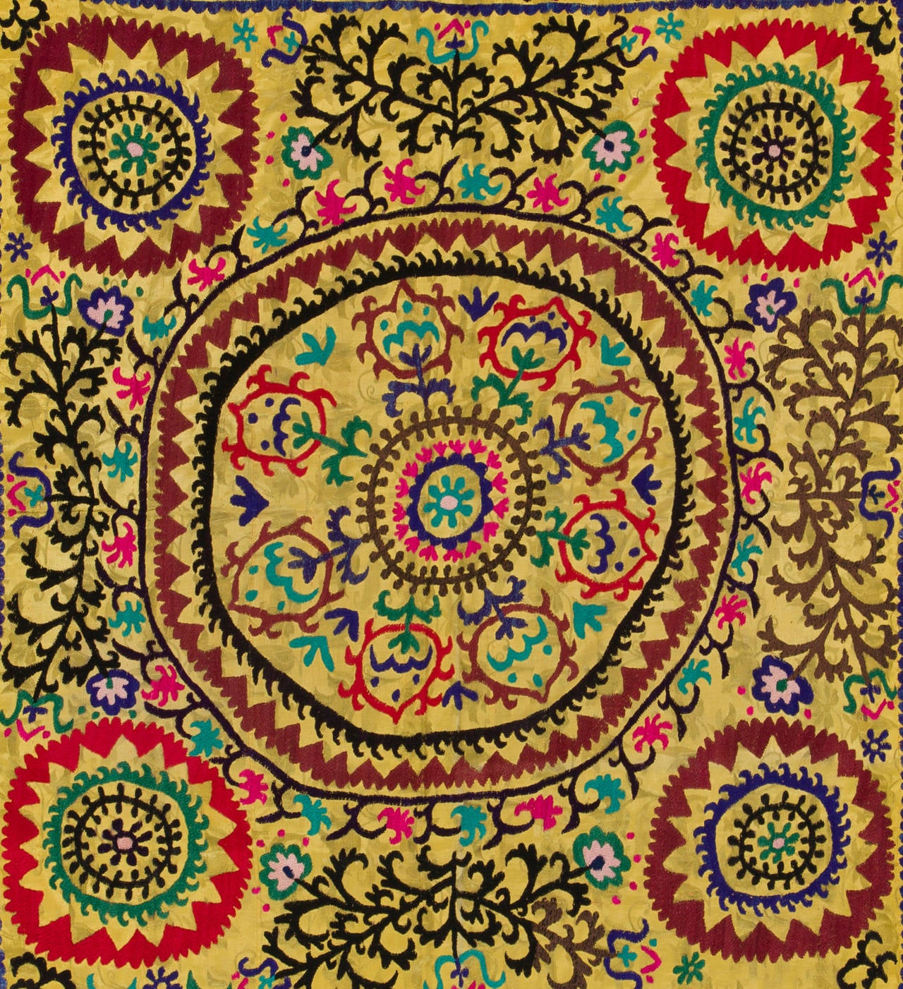 A vintage handmade needlework from Uzbekistan in Central Asia. This fine embroidery can be used as a wall-hanging, a bed or table cover or as sofa throw.