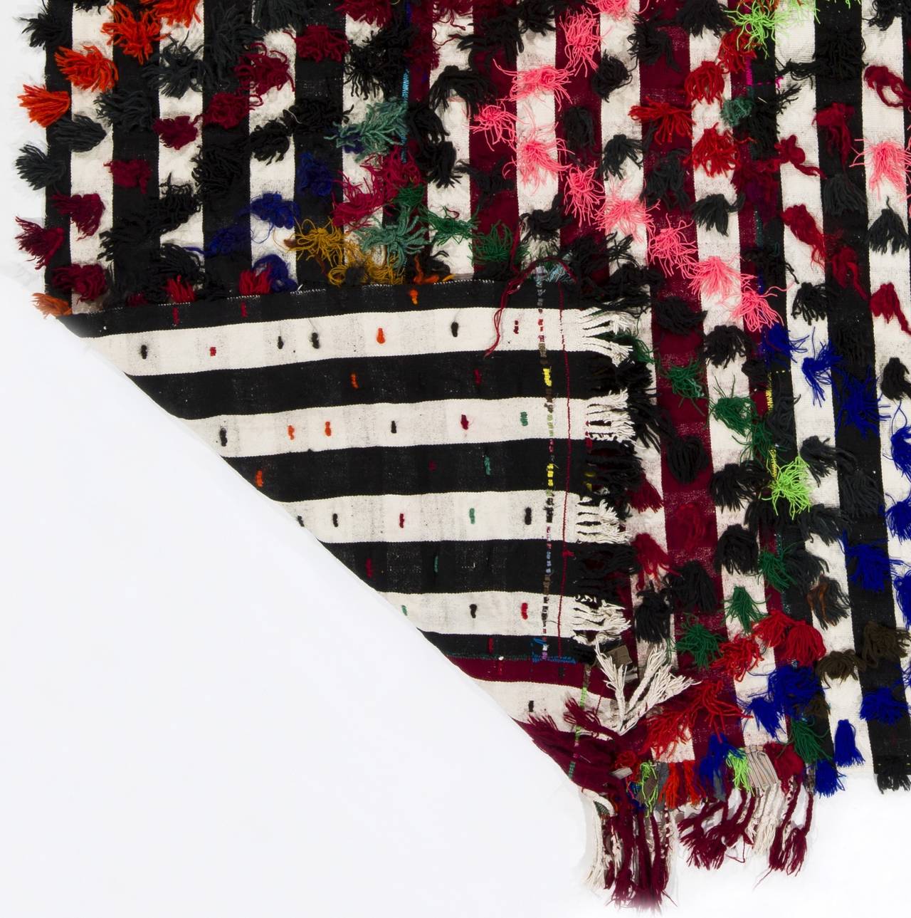 Tribal Vintage Anatolian Striped Kilim Rug with Colorful Poms
