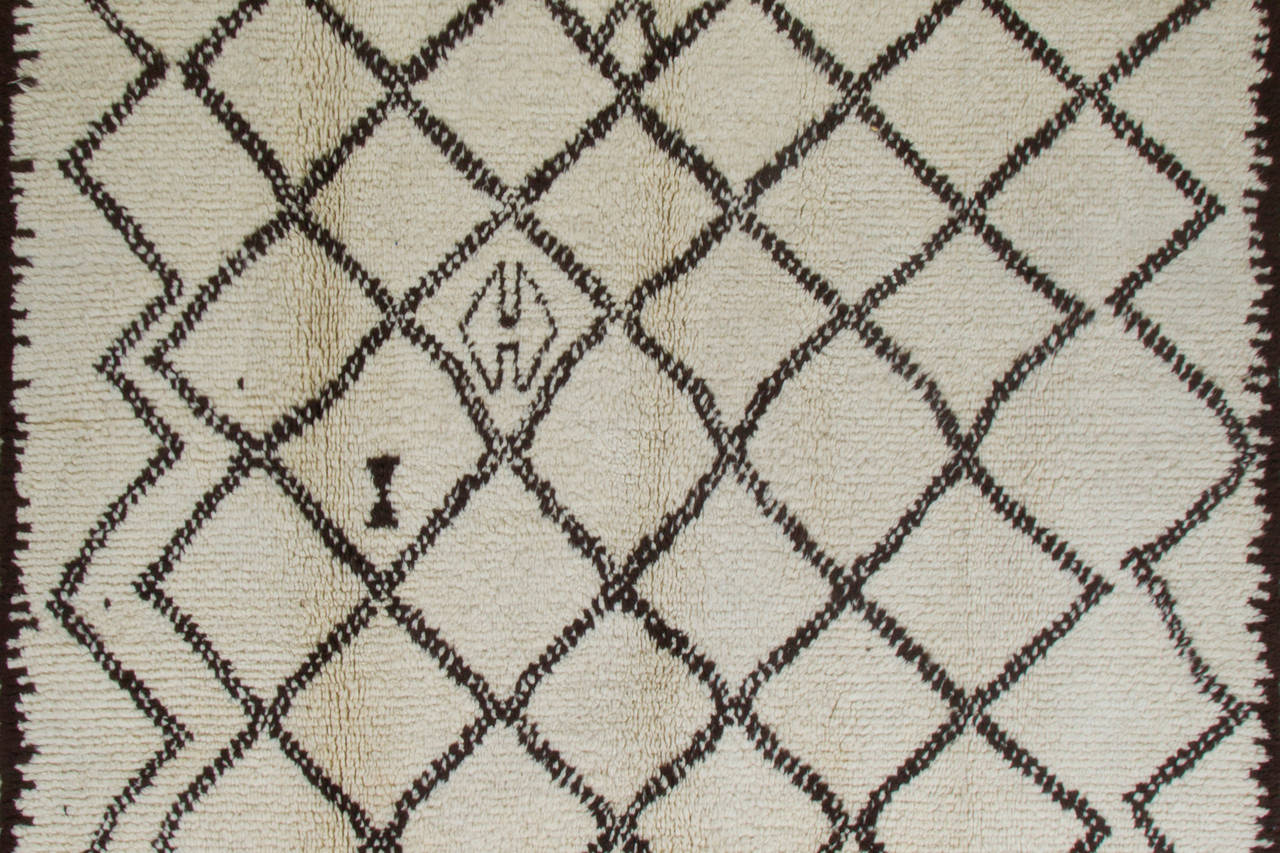 Hand-Knotted Moroccan Rug Made of Natural Ivory and Dark Brown Wool