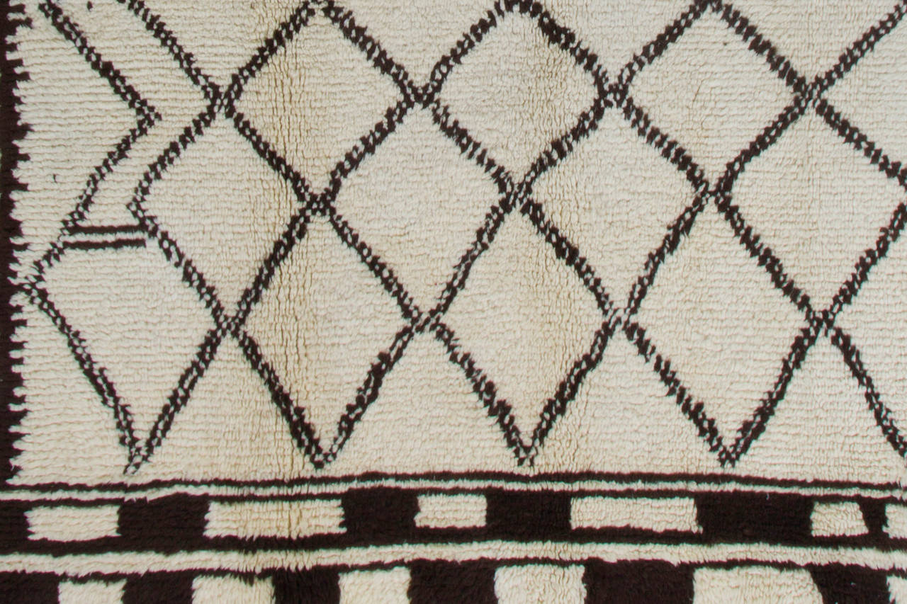 Mid-Century Modern Moroccan Rug Made of Natural Ivory and Dark Brown Wool