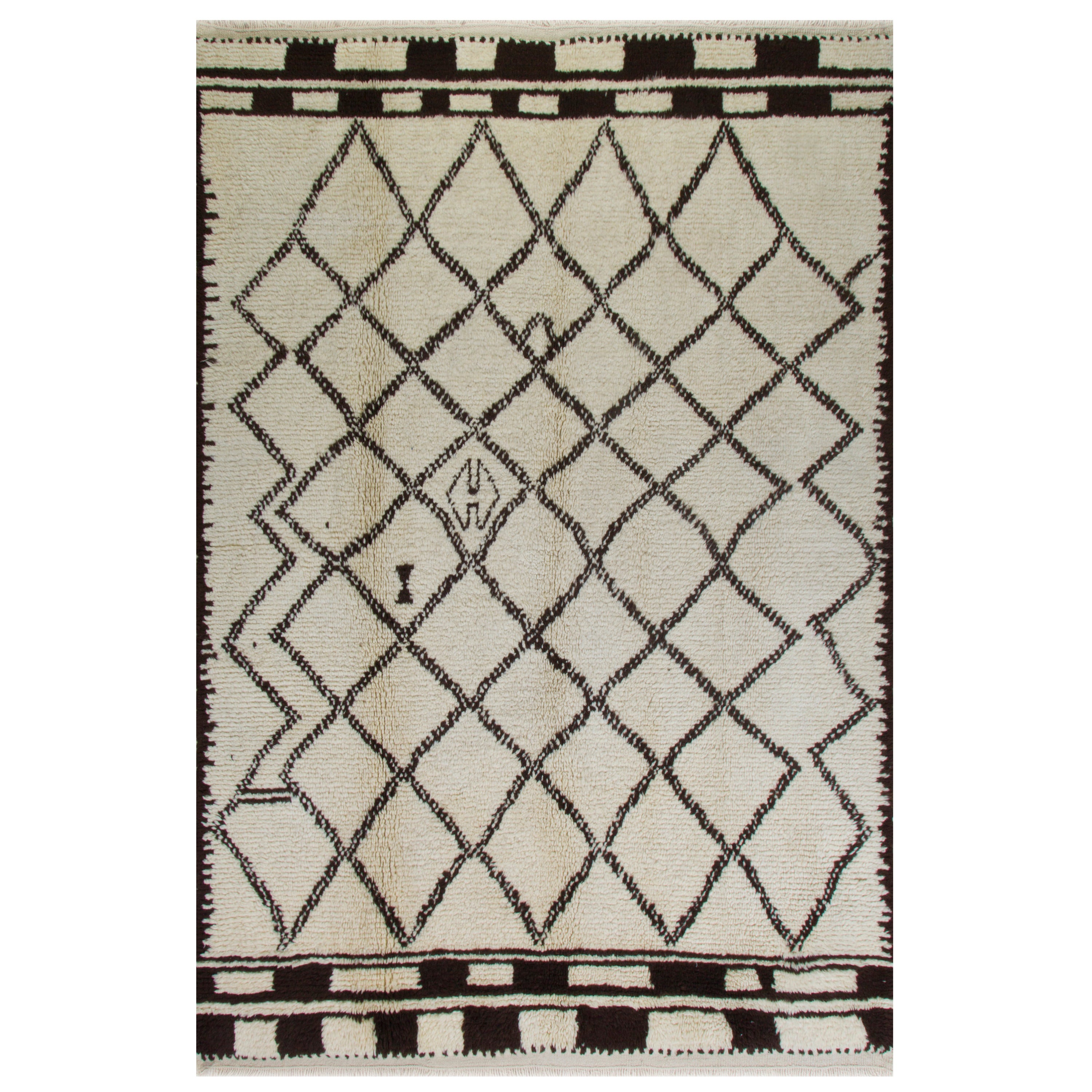 Moroccan Rug Made of Natural Ivory and Dark Brown Wool