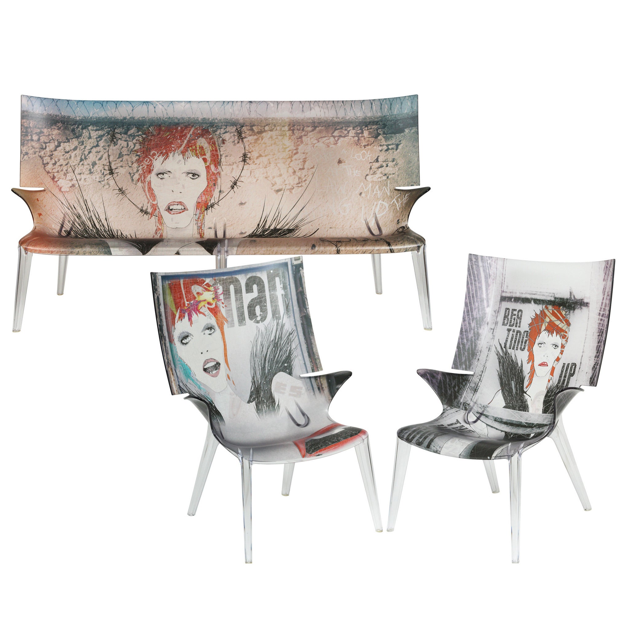 Set of David Bowie Transparent Polycarbonate Ghost Chair and Sofa For Sale