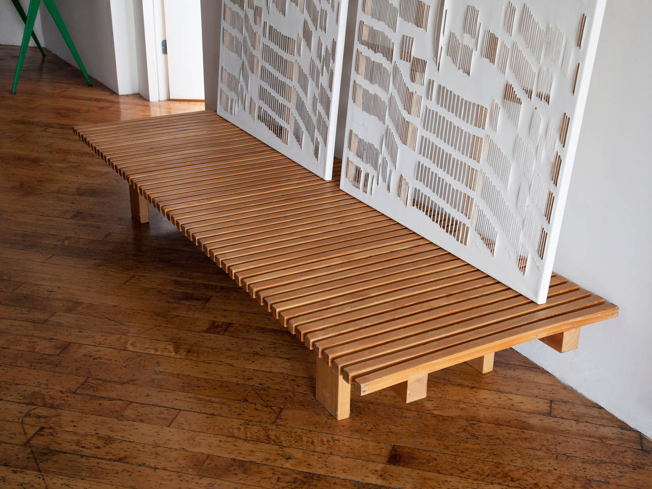 Pine slat bench by Charlotte Perriand for Les Arcs ski resort in Savoie, France.