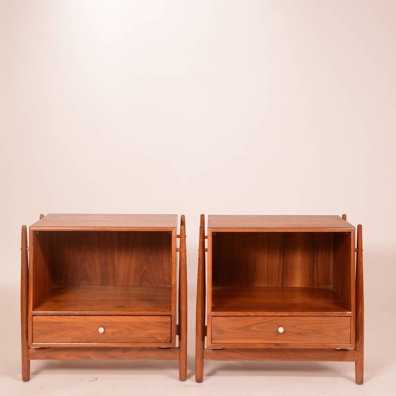 These mid century Drexel Declaration night stands by Kipp Stewart and Stewart MacDougall are in great vintage condition. These are the most collectable of the Declaration nightstands. We currently have many pieces from this line.