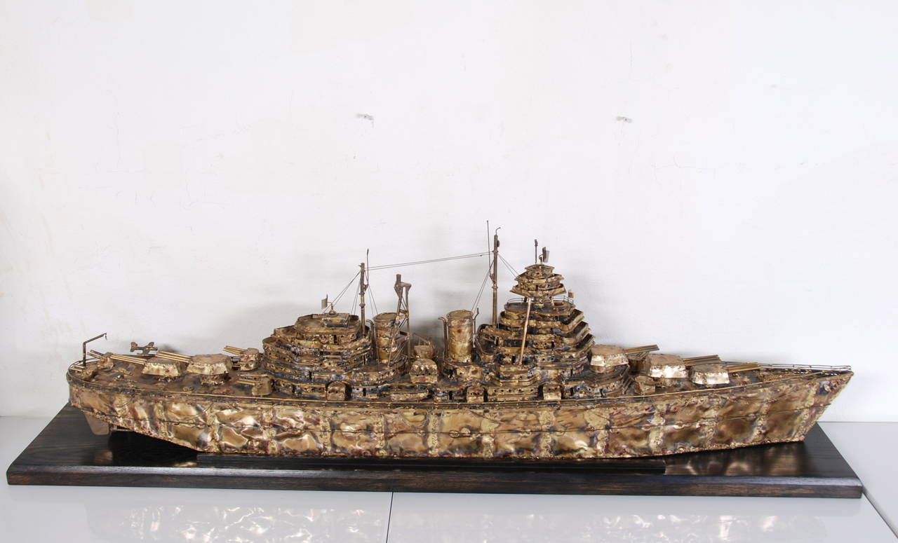 5' Long Brass and Steel Battleship Sculpture by Joe Venturini, 1983 4