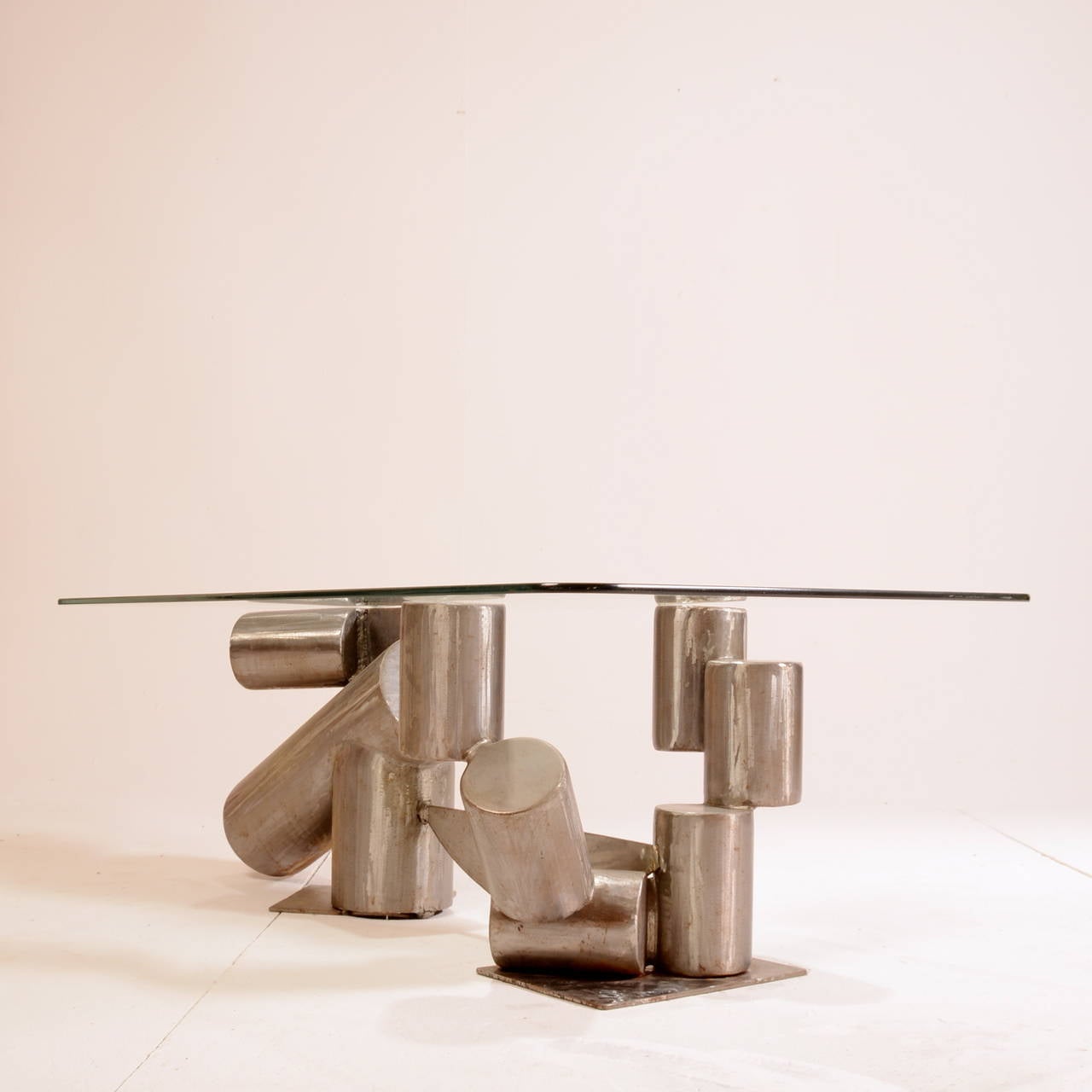 American California Modern Steel and Glass Sculpture Table 