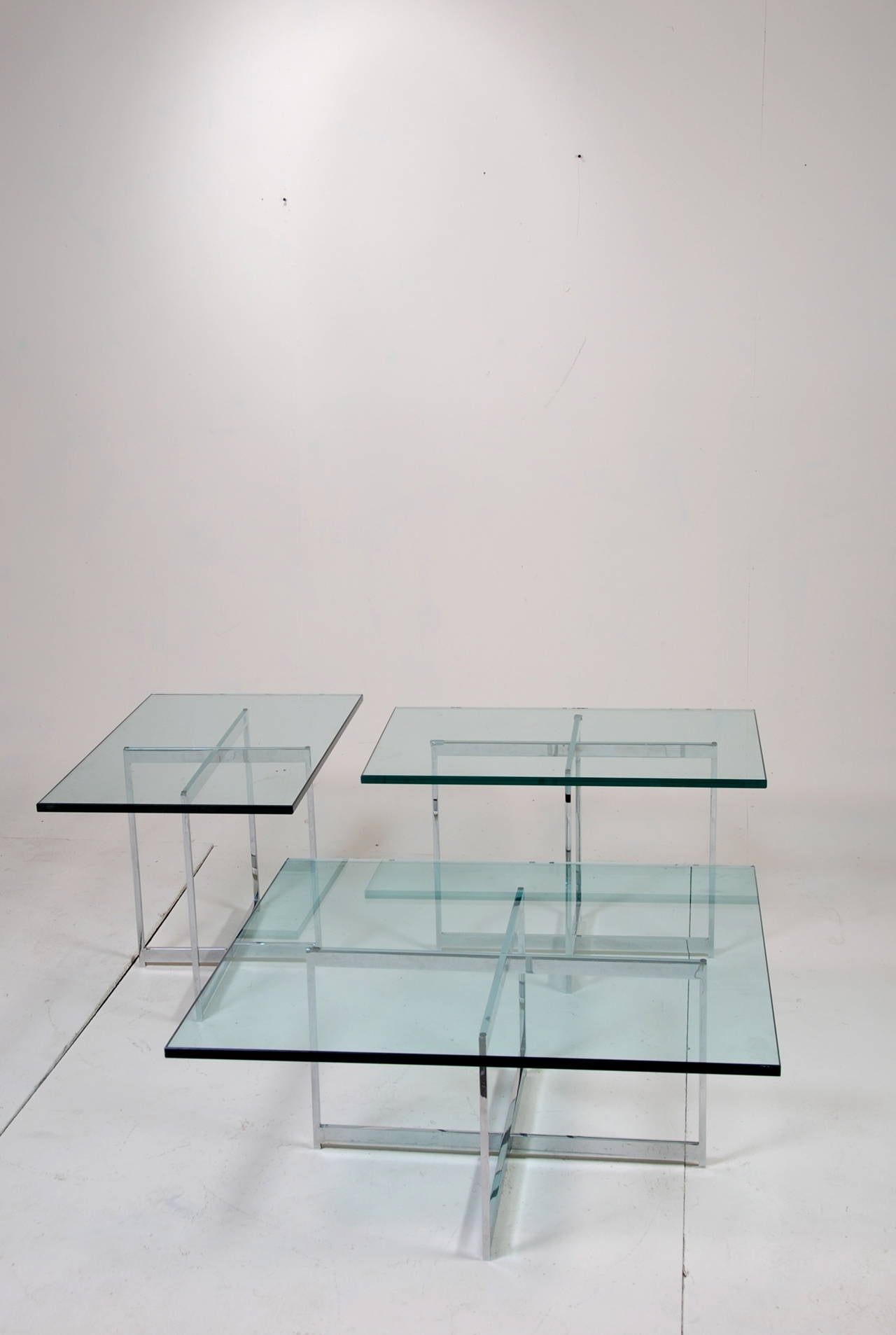 American Mies van der Rohe Style Stainless Steel Glass Table Set For Sale
