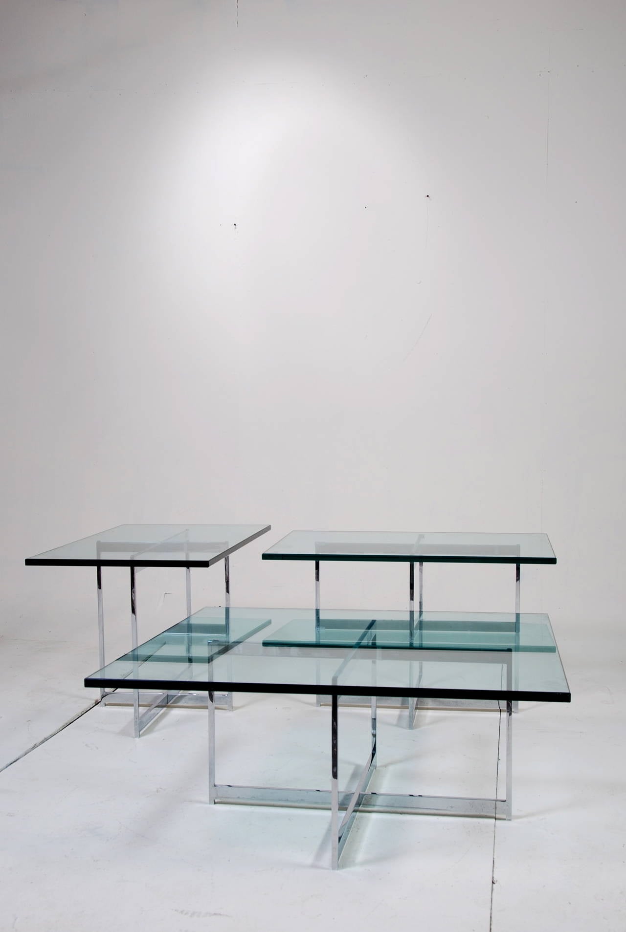 Mies van der Rohe Style Stainless Steel Glass Table Set In Excellent Condition For Sale In Los Angeles, CA