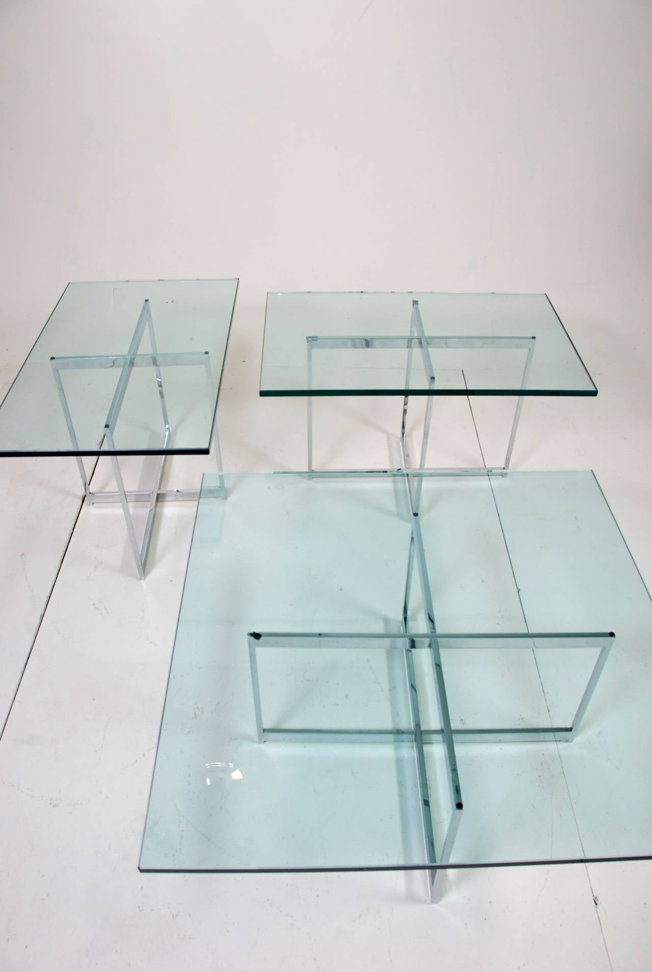 Late 20th Century Mies van der Rohe Style Stainless Steel Glass Table Set For Sale