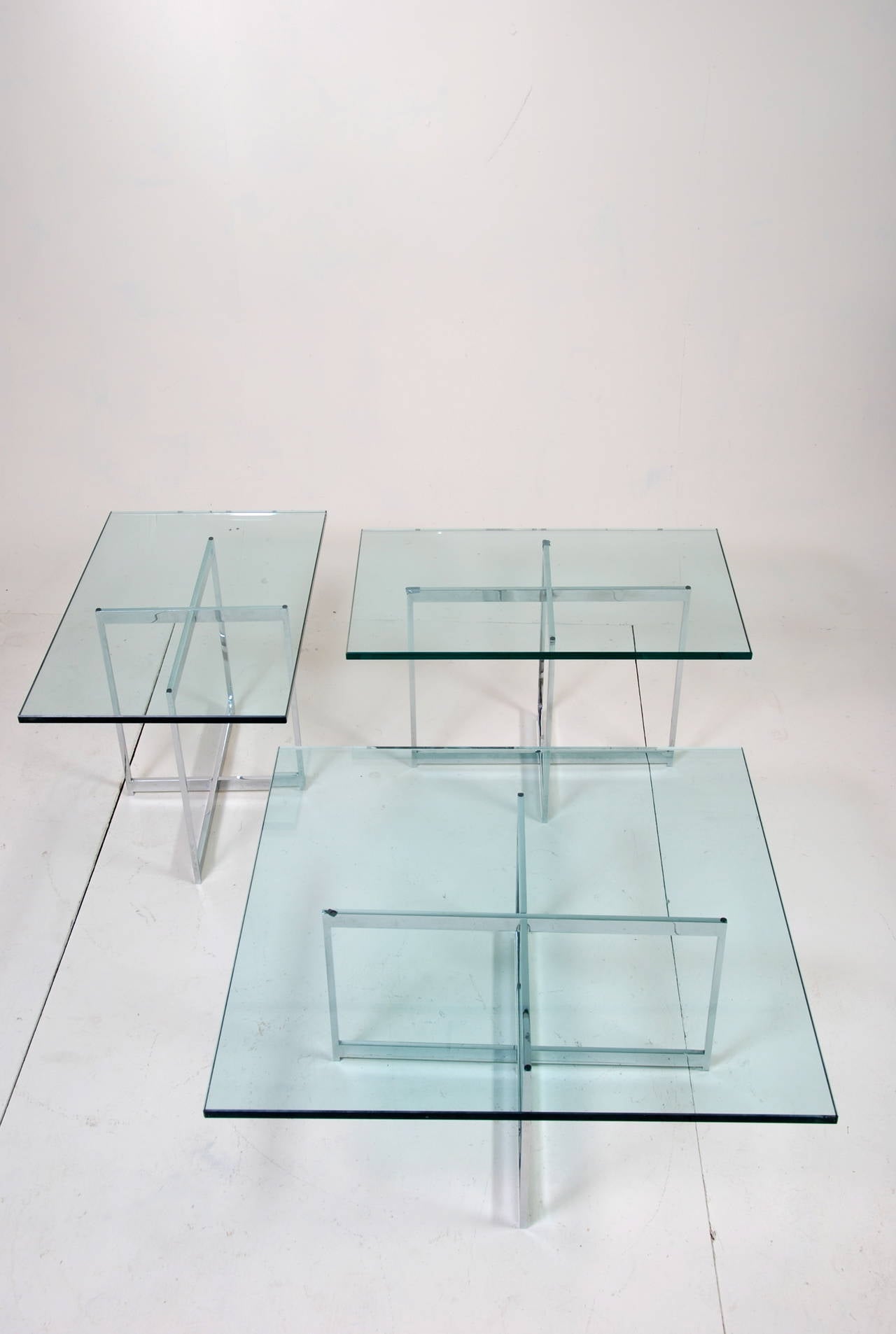 Mies van der Rohe Style Stainless Steel Glass Table Set For Sale 1