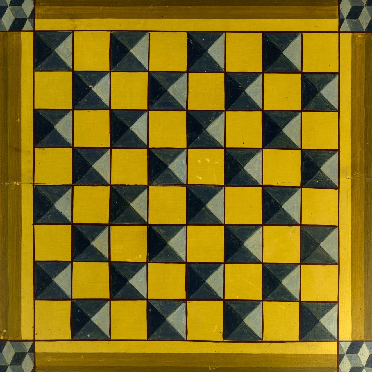 Paint decorated game board, one side a Parchessi board with yellow ground, silver and gold highlight leafing and interesting tumbling corner blocks, the other side a checkerboard in blue and gray checker squares.
Great original condition with