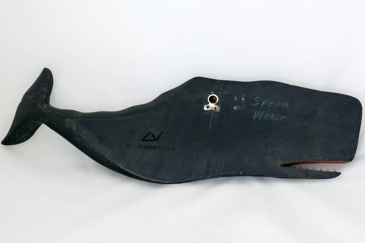 Carved and painted wooden sperm whale plaque, Clark G. Voorhees Jr. (1911-1980), Old Lyme, Connecticut, and Weston, Vermont, third quarter of the 20th century, signed with impressed artist's initials 