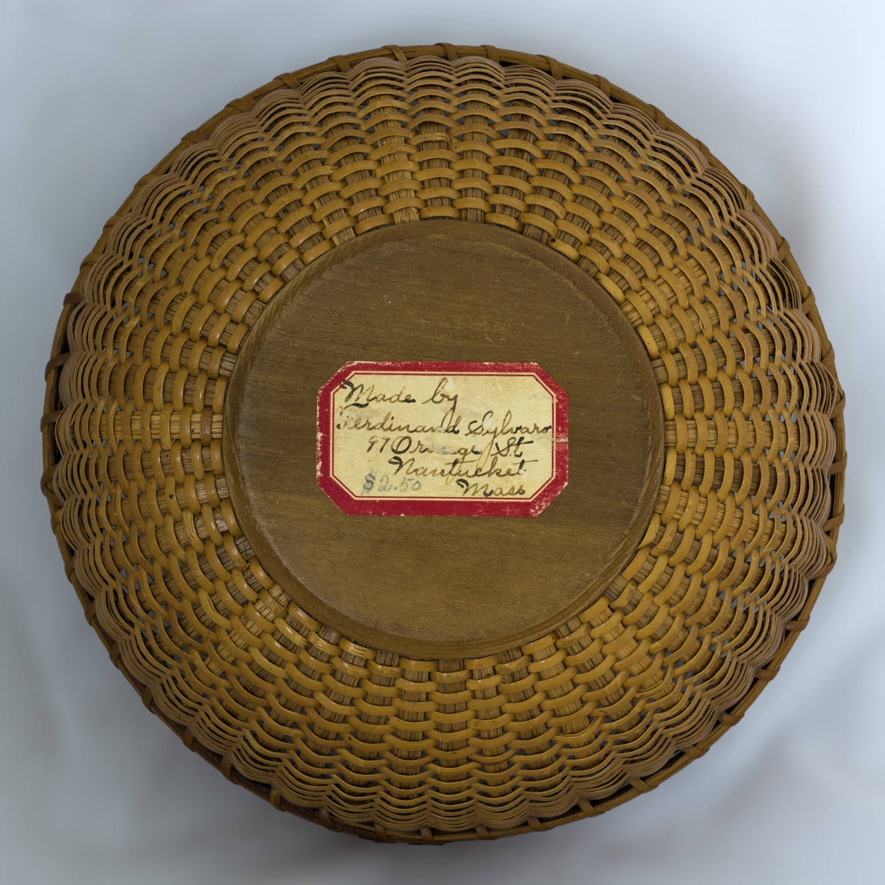 American Craftsman Labeled Nantucket Lightship Sewing Basket Made by Ferdinand Sylvaro, 1935