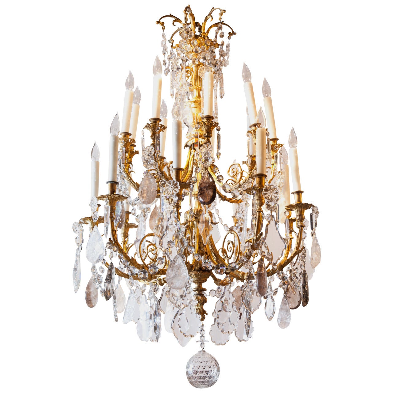 French Gilt Bronze Chandelier with rock and smoke Crystals