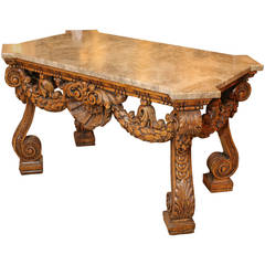 Italian Carved and Waxed Wood Marble-Top Center Table