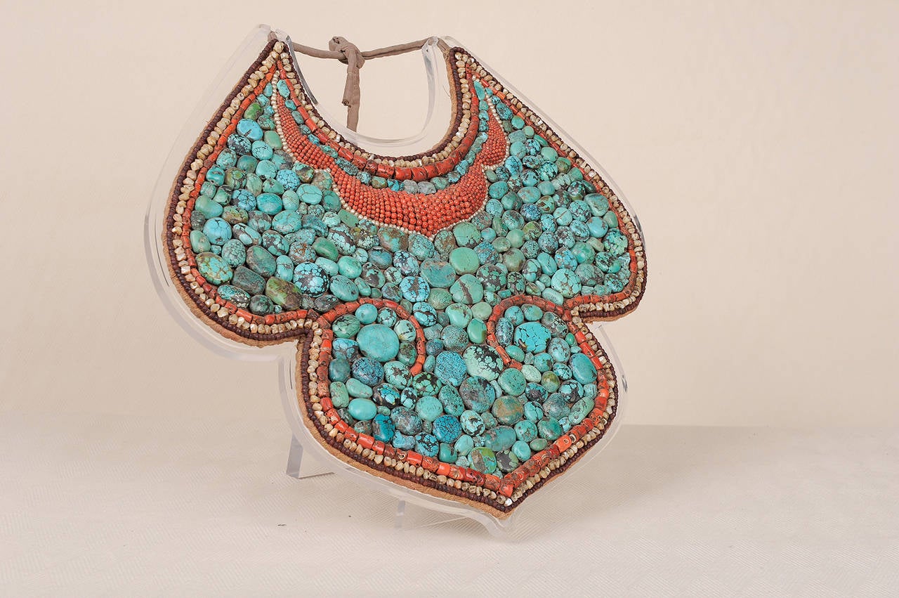 Appliqué   Tibetan antique Pectoral, Turquoise and Fossil Coral from Himalaya For Sale