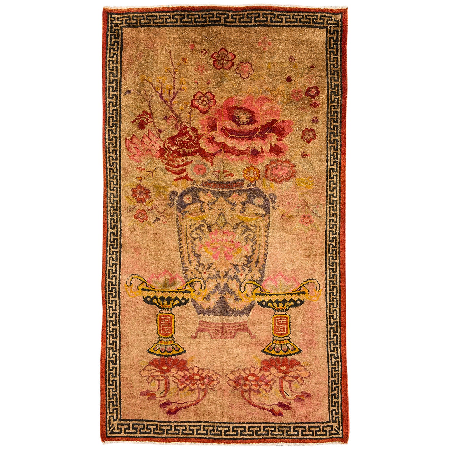 Rare Sinkiang Chinese Old Carpet, "Big Vase", also Wall Hanging For Sale