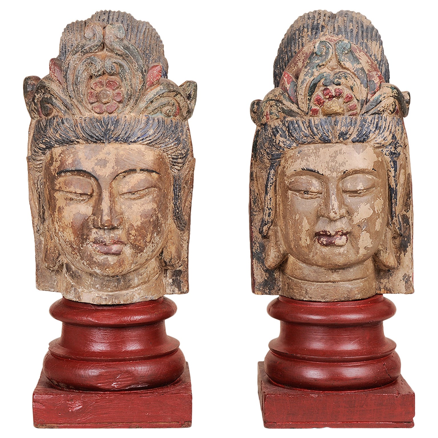  Wooden Sculptures of Buddha  on Bases with Polychromy Traces For Sale