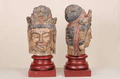 Wooden Large Sculptures of Buddha  on Bases with Polychromy Traces