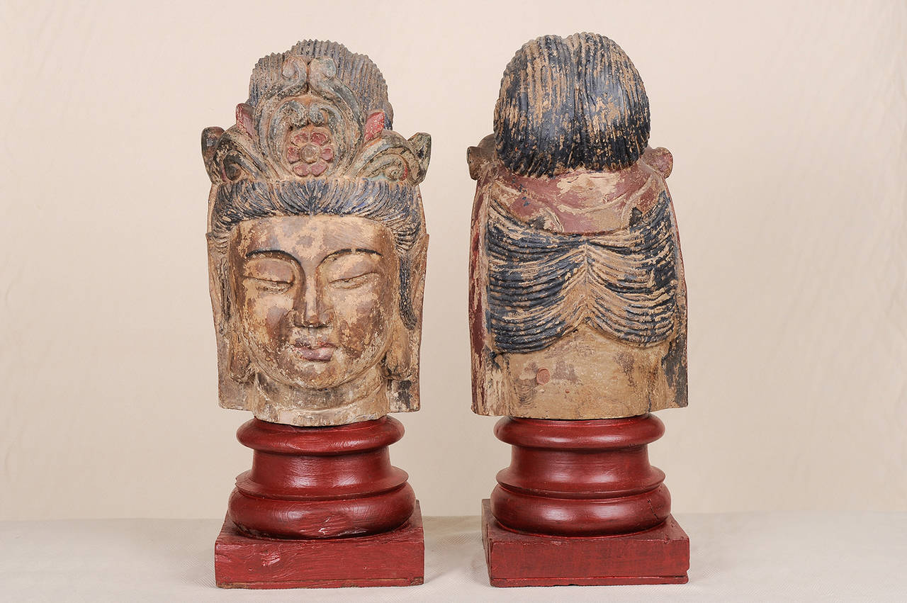 Carved  Wooden Sculptures of Buddha  on Bases with Polychromy Traces For Sale