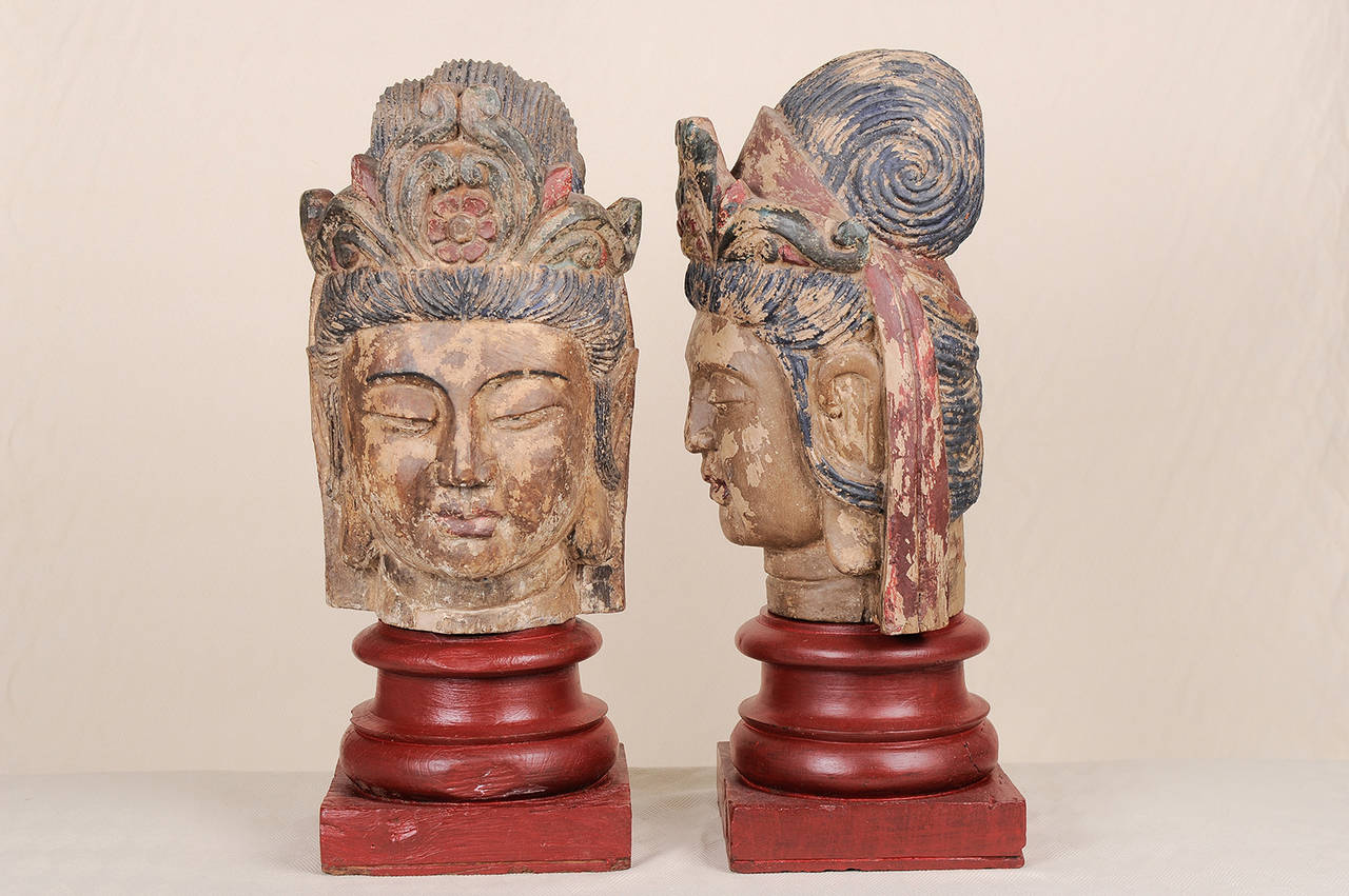 Chinese  Wooden Sculptures of Buddha  on Bases with Polychromy Traces For Sale
