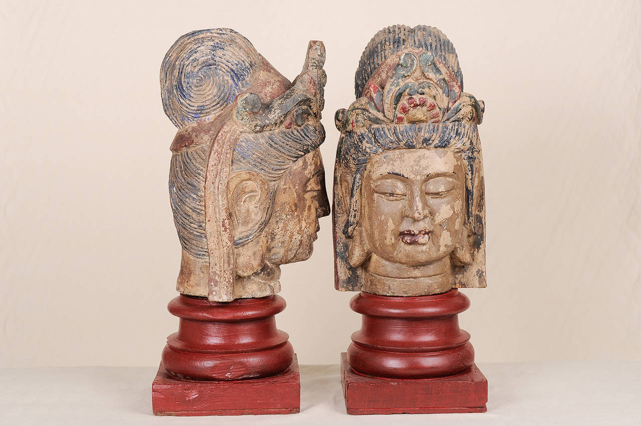 20th Century  Wooden Sculptures of Buddha  on Bases with Polychromy Traces For Sale