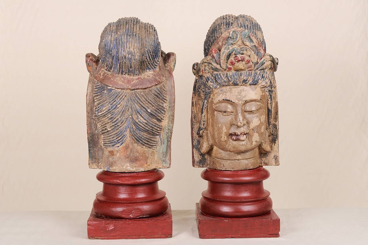 Chinoiserie Wooden Large Sculptures of Buddha  on Bases with Polychromy Traces For Sale