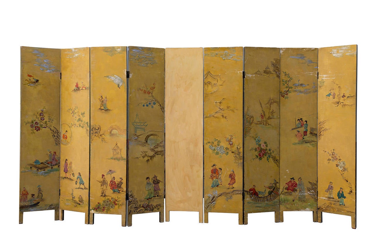 French Hand-Painted Large Antique Screen Double-Sided For Sale