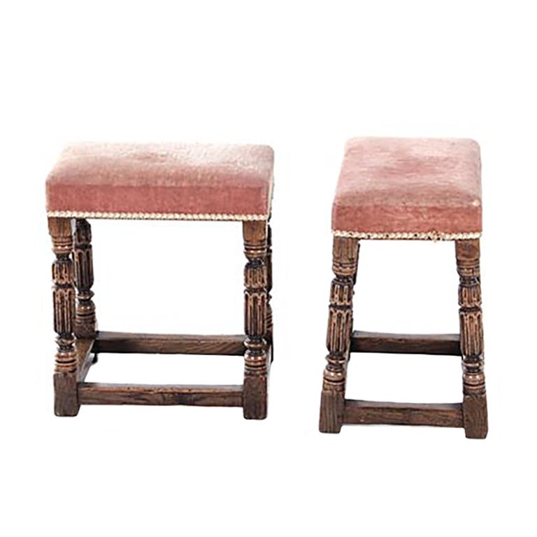 Pair Elizabethan Style Carved Oak Footstools