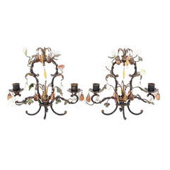 Continental Porcelain and Glass-Mounted Candleholders Pair
