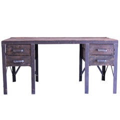 Reclaimed Oak-Top Desk with Steel and Iron Base, Eastern Europe