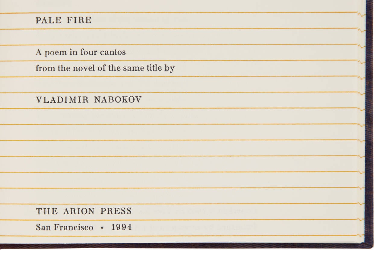 Pale Fire by Vladimir Nabokov.  Two volumes.  80 pp, ; 284, [2] pp.  Oblong 12mo.; 8vo.  Both volumes bound in full purple cloth, with inset gold cloth disks for gold titling, enclosed in a gold cloth slipcase.  San Francisco: Arion Press,
