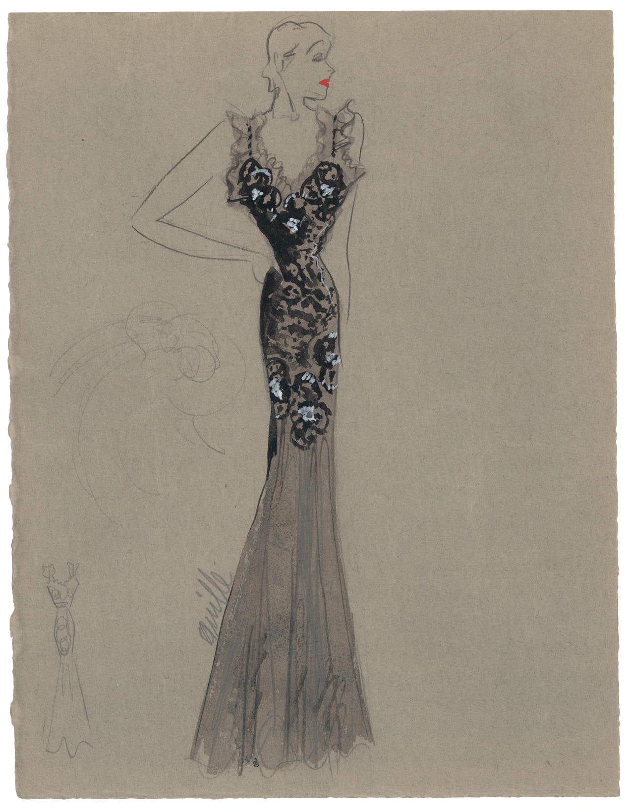Four fashion illustrations by the French designer Charlotte Revyl. Formerly the director of House of Premet, in late 1930 Revyl opened her own Maison du Couture at 21, Rue du Faubourg Saint-Honoré in Paris. The drawings are done in graphite and