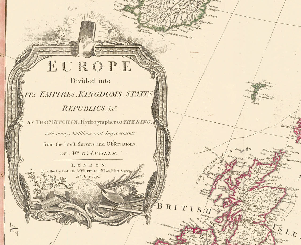 Map of Europe printed on two separate sheets from A New Universal Atlas by Thomas Kitchin. Published in London by Laurie & Whittle, 1798. Original engravings hand-colored at publication. Each sheet is 21 1/4