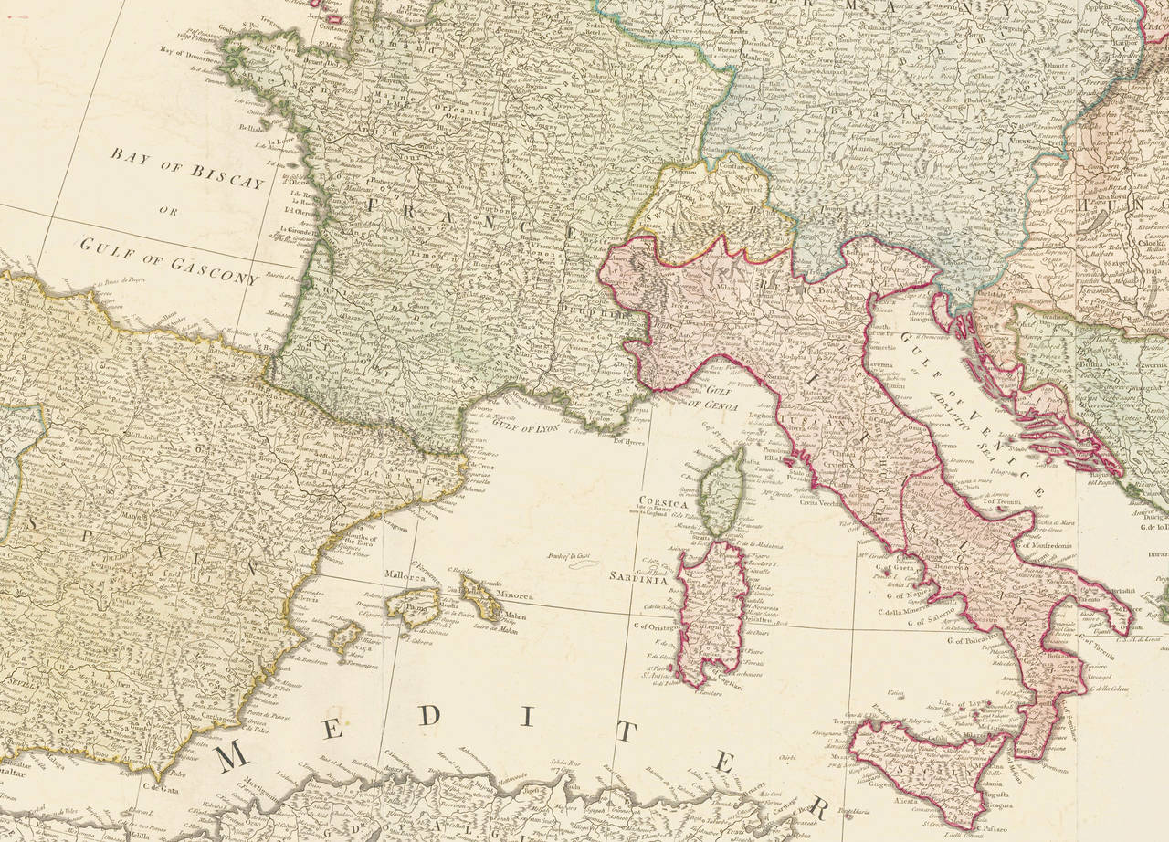 Late 18th Century Two-Part Large Hand-Colored Map of Europe from 1798 For Sale