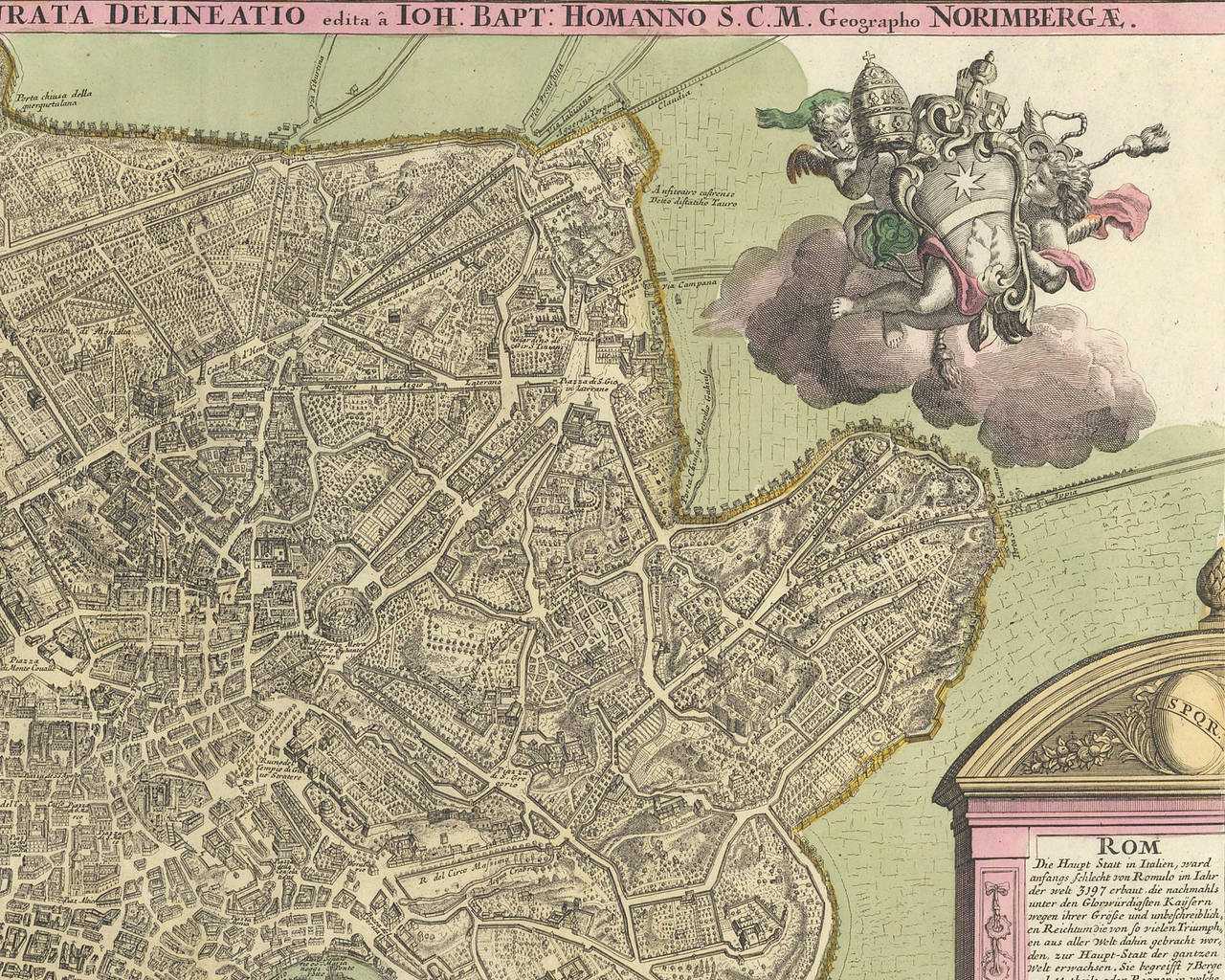 German Hand-Colored Map of Rome, circa 1720