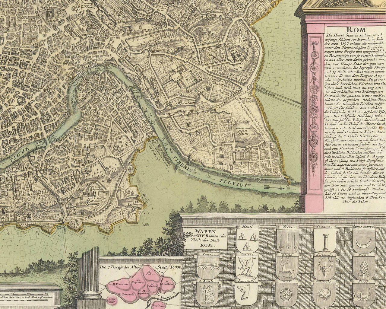 Hand-Painted Hand-Colored Map of Rome, circa 1720
