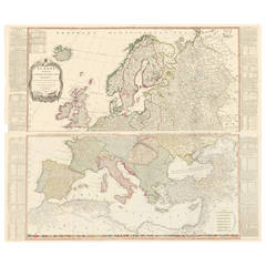 Two-Part Large Hand-Colored Map of Europe from 1798