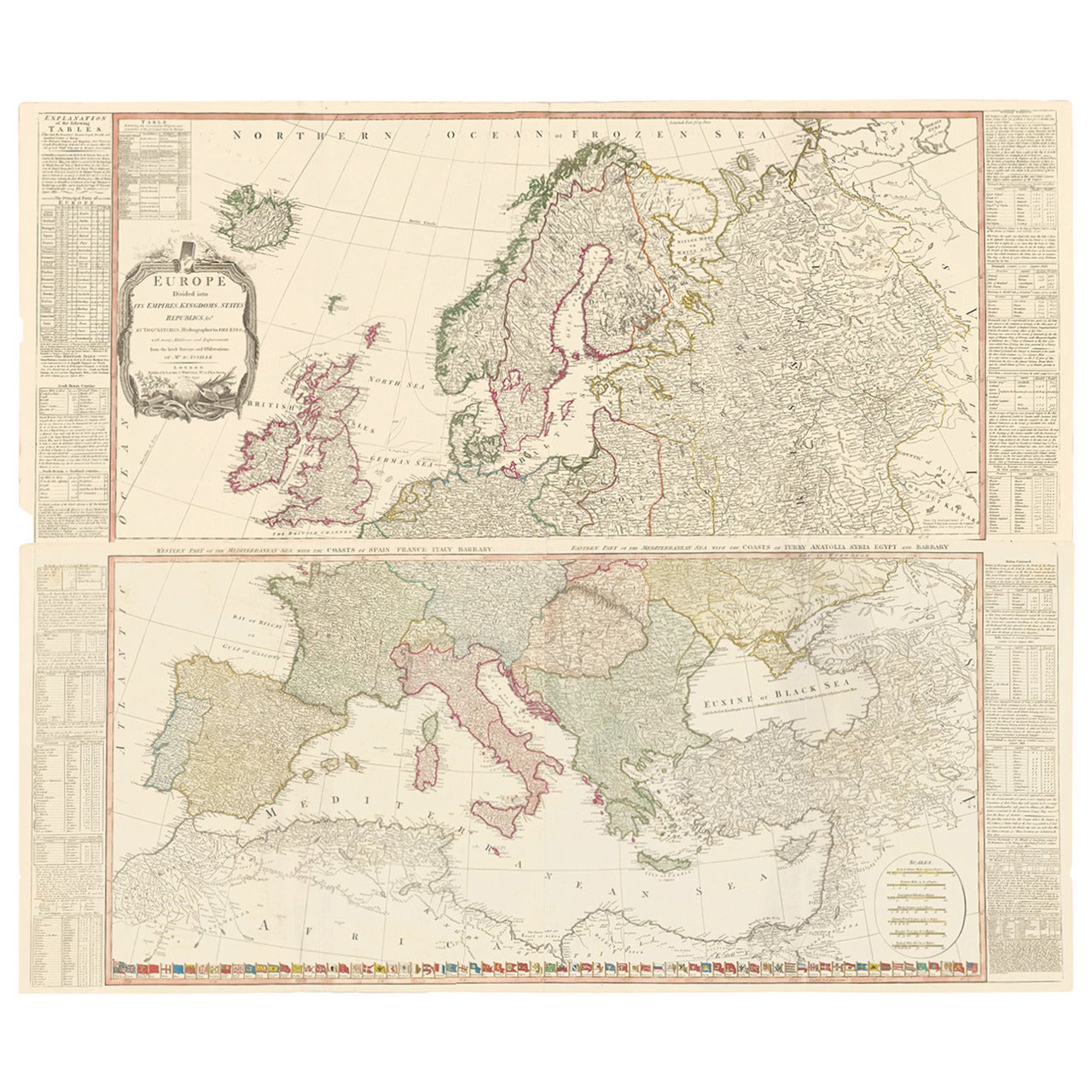 Two-Part Large Hand-Colored Map of Europe from 1798 For Sale